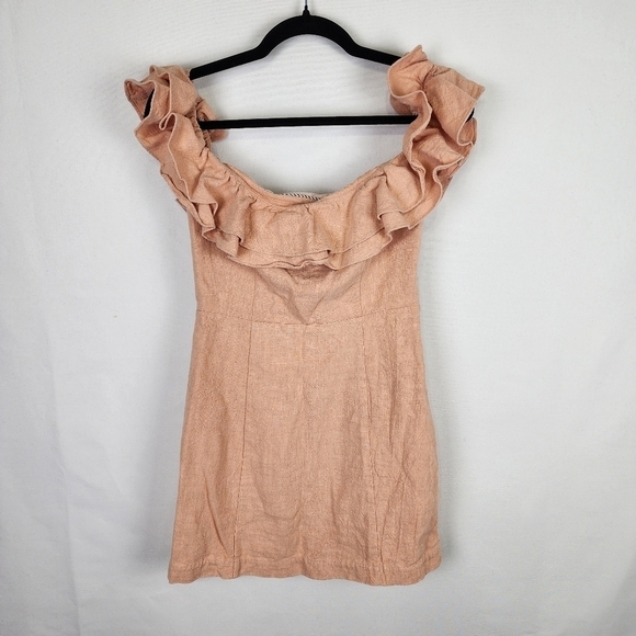 Saylor Janie Off The Shoulder Peach Linen Mini Dress SIZE SMALL - Picture 4 of 8